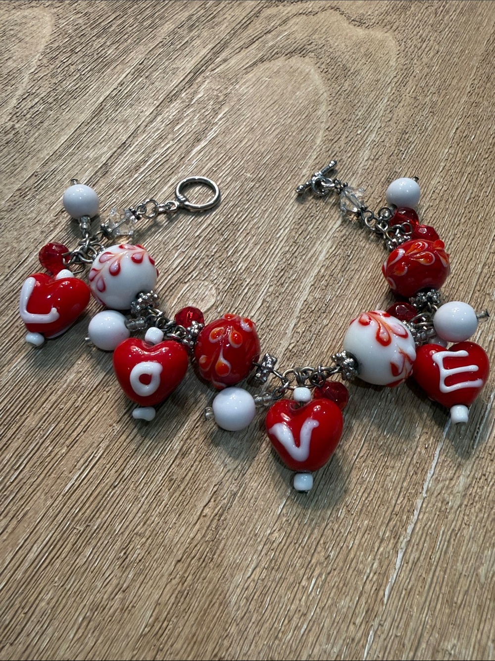 Red & White 'Love' Heart Charm Bracelet